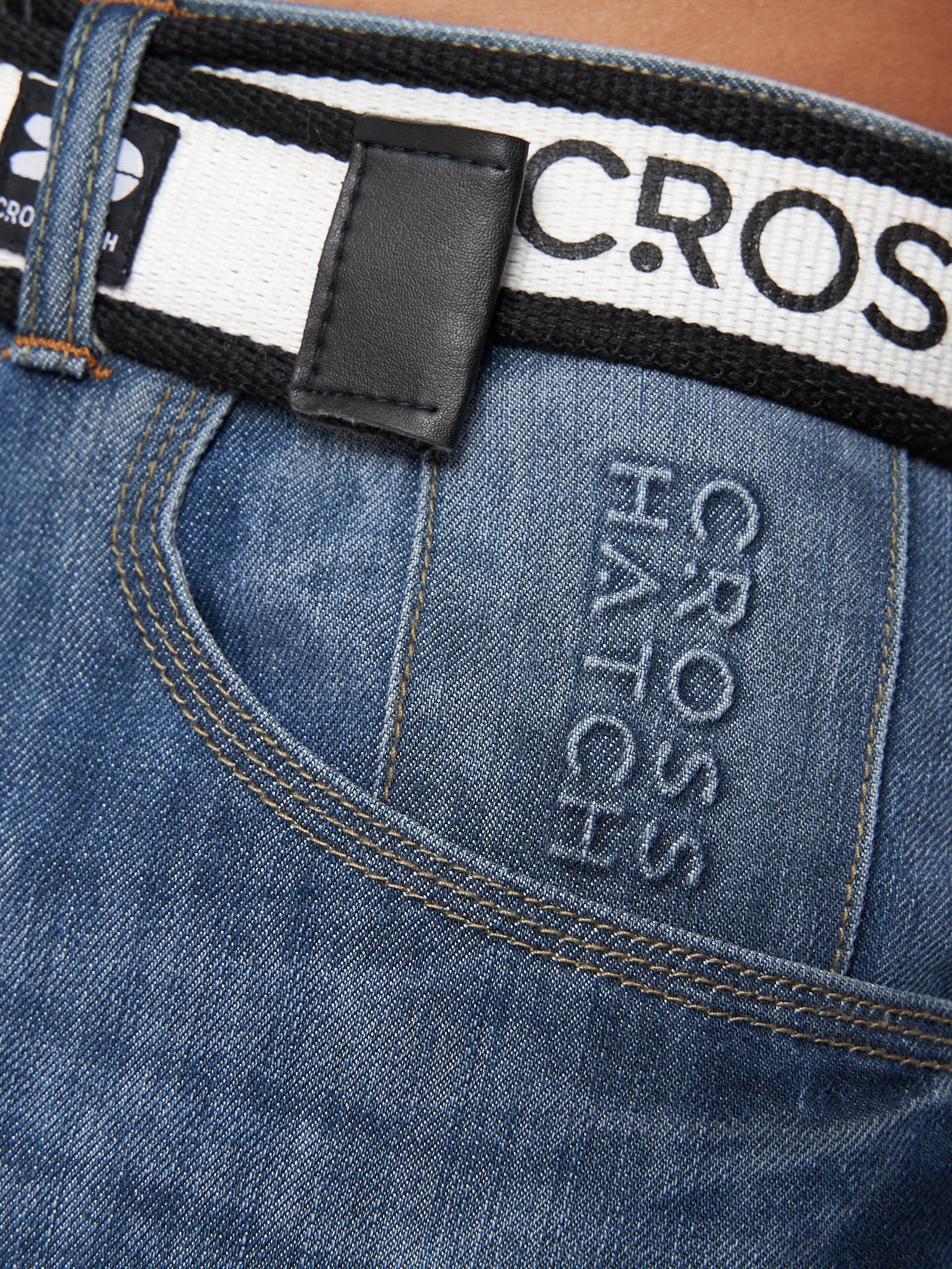 New Baltimore Belted Denim Jeans Mid Wash Crosshatch